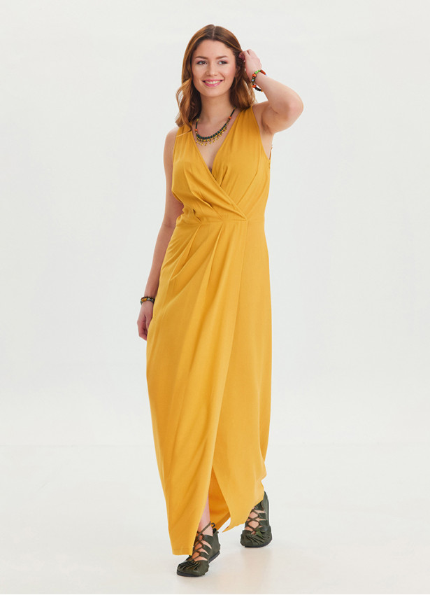 V Neck Slit Detailed Yellow Long Dress 4453